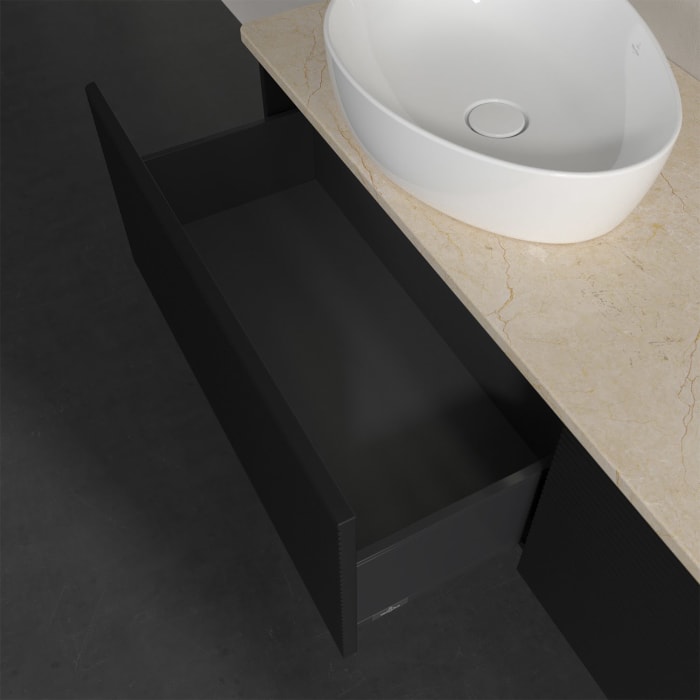 Villeroy & Boch Antao Waschbeckenunterschrank, 160 x 36 cm, 2 Auszüge mit LED-Licht, Front mit Struktur, ohne Hahnloch, für Waschtisch links