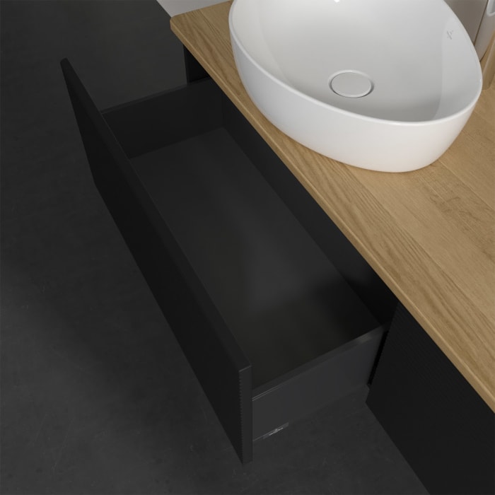 Villeroy & Boch Antao Waschbeckenunterschrank, 160 x 36 cm, 2 Auszüge mit LED-Licht, Front mit Struktur, mit Hahnloch, für Waschtisch links