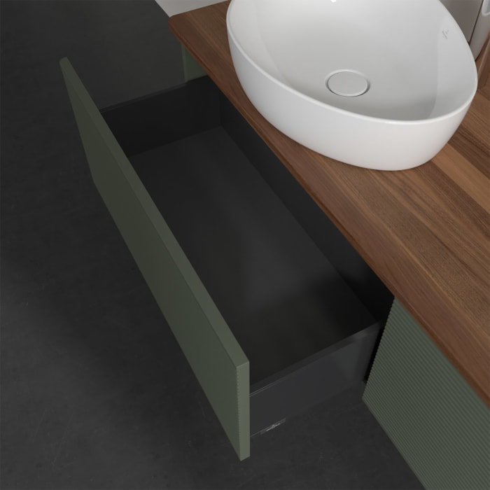 Villeroy & Boch Antao Waschbeckenunterschrank, 160 x 36 cm, 2 Auszüge mit LED-Licht, Front mit Struktur, mit Hahnloch, für Waschtisch links