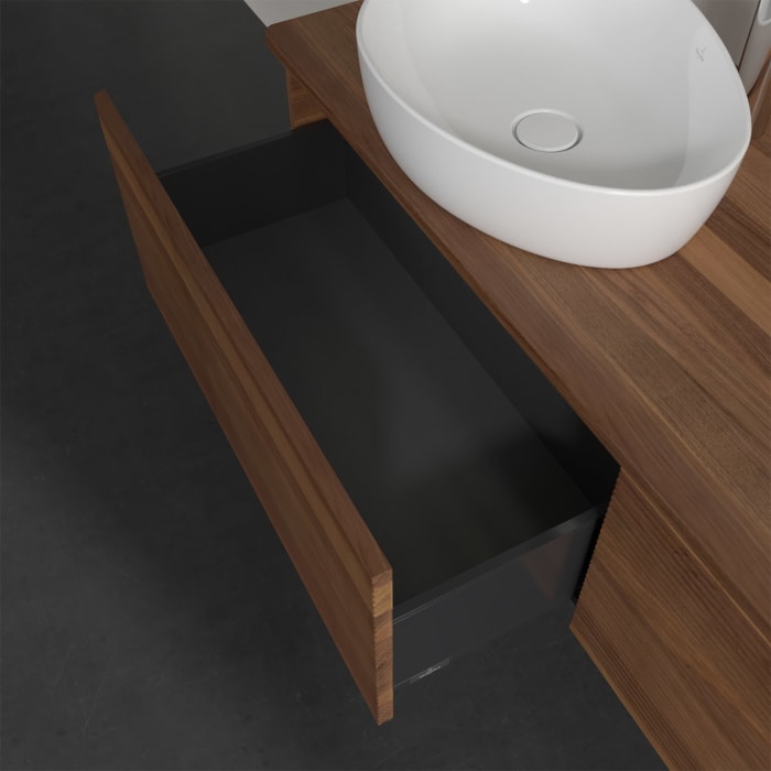 Villeroy & Boch Antao Waschbeckenunterschrank, 160 x 36 cm, 2 Auszüge mit LED-Licht, Front mit Struktur, mit Hahnloch, für Waschtisch links