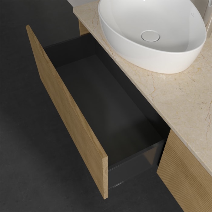 Villeroy & Boch Antao Waschbeckenunterschrank, 160 x 36 cm, 2 Auszüge mit LED-Licht, Front mit Struktur, mit Hahnloch, für Waschtisch links