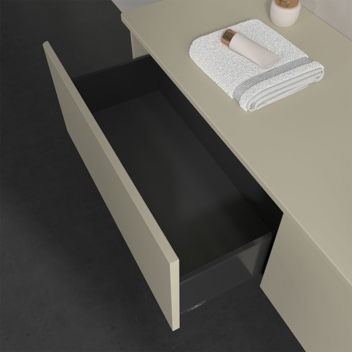 Villeroy & Boch Antao Waschbeckenunterschrank, 160 x 36 cm, 2 Auszüge mit LED-Licht, Front ohne Struktur, ohne Hahnloch, für Waschtisch rechts