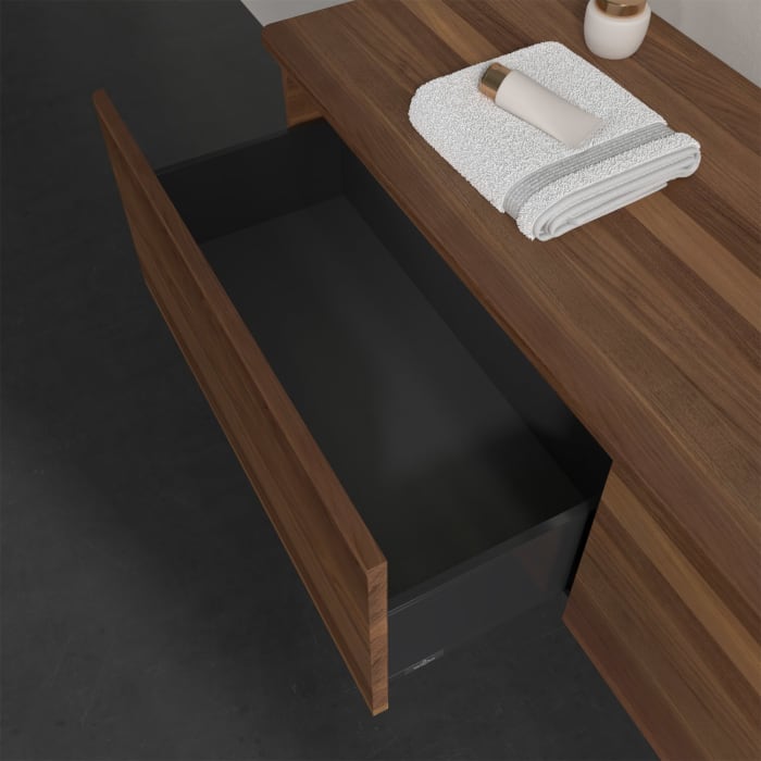 Villeroy & Boch Antao Waschbeckenunterschrank, 160 x 36 cm, 2 Auszüge mit LED-Licht, Front ohne Struktur, mit Hahnloch, für Waschtisch rechts