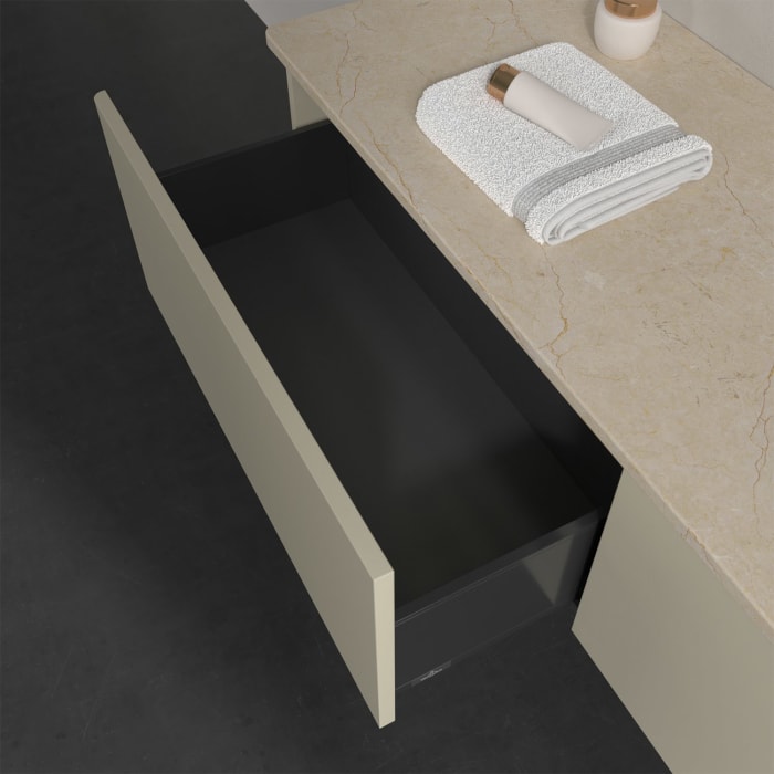 Villeroy & Boch Antao Waschbeckenunterschrank, 160 x 36 cm, 2 Auszüge mit LED-Licht, Front ohne Struktur, mit Hahnloch, für Waschtisch rechts