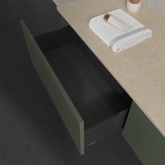 Villeroy & Boch Antao Waschbeckenunterschrank, 160 x 36 cm, 2 Auszüge mit LED-Licht, Front ohne Struktur, mit Hahnloch, für Waschtisch rechts