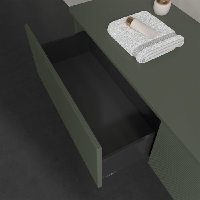 Villeroy & Boch Antao Waschbeckenunterschrank, 160 x 36 cm, 2 Auszüge mit LED-Licht, Front mit Struktur, ohne Hahnloch, für Waschtisch rechts