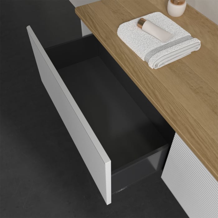 Villeroy & Boch Antao Waschbeckenunterschrank, 160 x 36 cm, 2 Auszüge mit LED-Licht, Front mit Struktur, ohne Hahnloch, für Waschtisch rechts