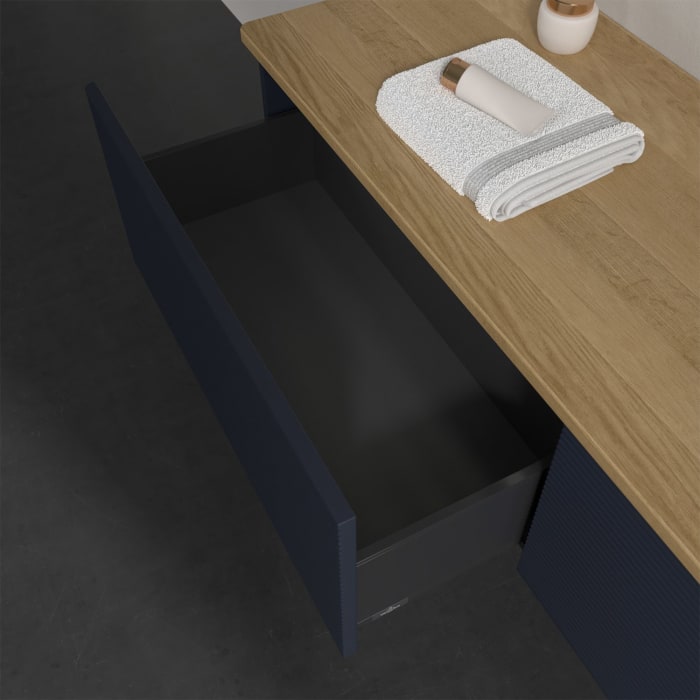 Villeroy & Boch Antao Waschbeckenunterschrank, 160 x 36 cm, 2 Auszüge mit LED-Licht, Front mit Struktur, ohne Hahnloch, für Waschtisch rechts