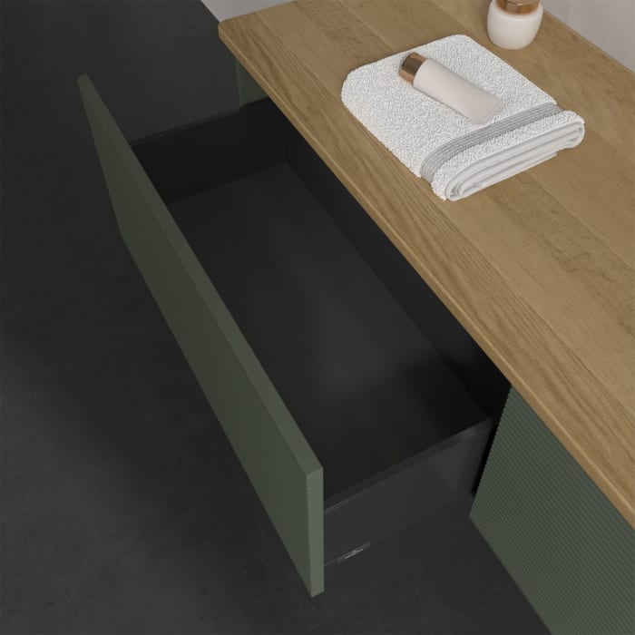 Villeroy & Boch Antao Waschbeckenunterschrank, 160 x 36 cm, 2 Auszüge mit LED-Licht, Front mit Struktur, ohne Hahnloch, für Waschtisch rechts