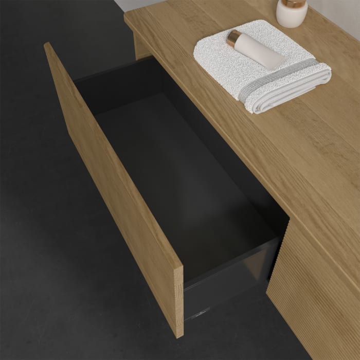 Villeroy & Boch Antao Waschbeckenunterschrank, 160 x 36 cm, 2 Auszüge mit LED-Licht, Front mit Struktur, ohne Hahnloch, für Waschtisch rechts