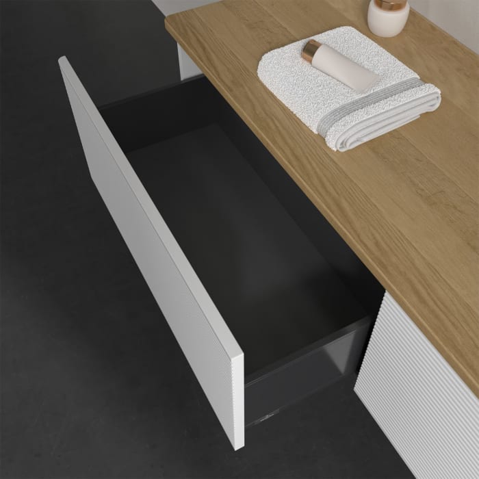 Villeroy & Boch Antao Waschbeckenunterschrank, 160 x 36 cm, 2 Auszüge mit LED-Licht, Front mit Struktur, ohne Hahnloch, für Waschtisch rechts