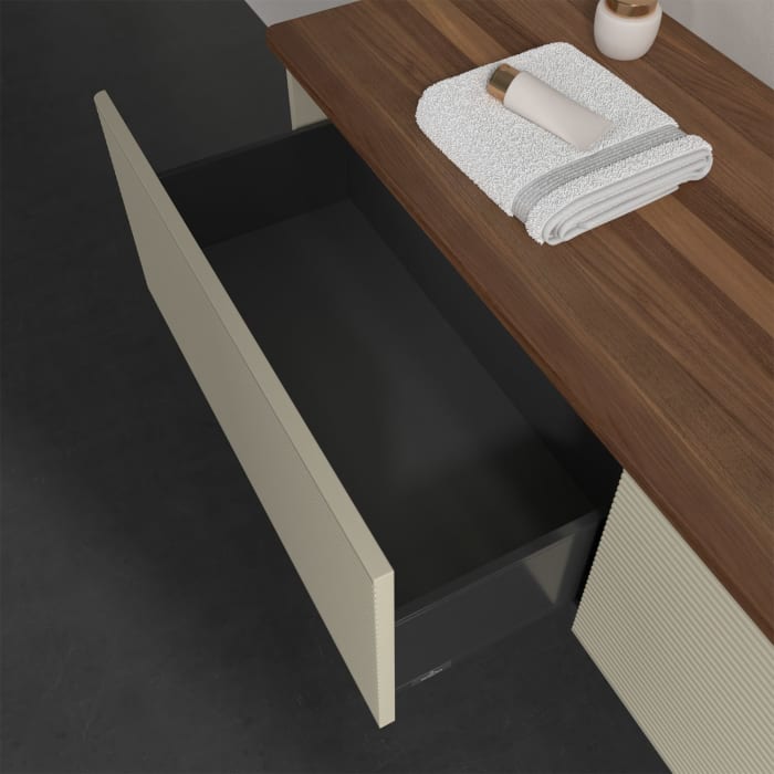 Villeroy & Boch Antao Waschbeckenunterschrank, 160 x 36 cm, 2 Auszüge mit LED-Licht, Front mit Struktur, ohne Hahnloch, für Waschtisch rechts