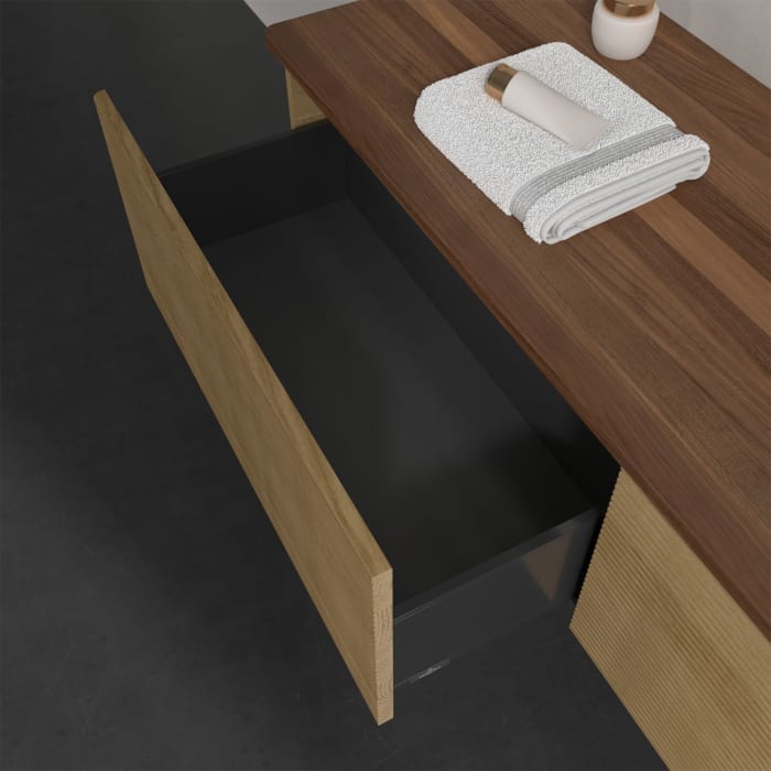 Villeroy & Boch Antao Waschbeckenunterschrank, 160 x 36 cm, 2 Auszüge mit LED-Licht, Front mit Struktur, ohne Hahnloch, für Waschtisch rechts