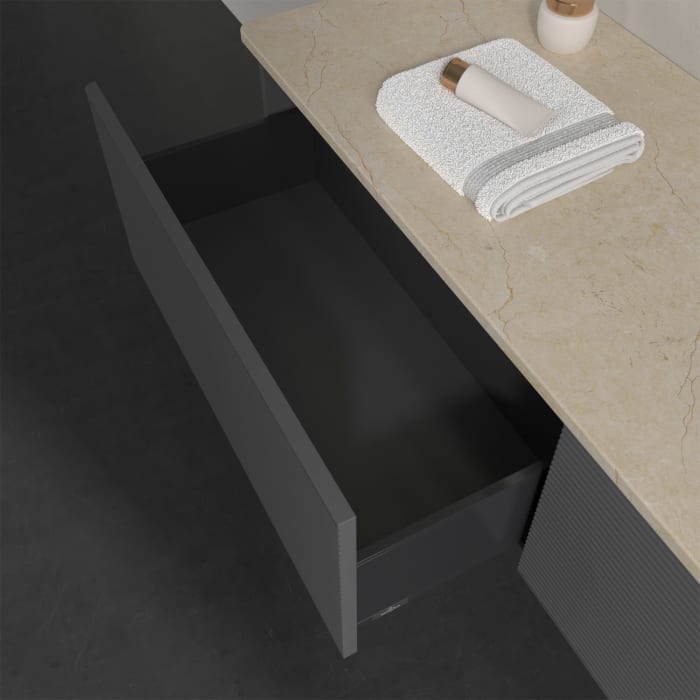 Villeroy & Boch Antao Waschbeckenunterschrank, 160 x 36 cm, 2 Auszüge mit LED-Licht, Front mit Struktur, ohne Hahnloch, für Waschtisch rechts