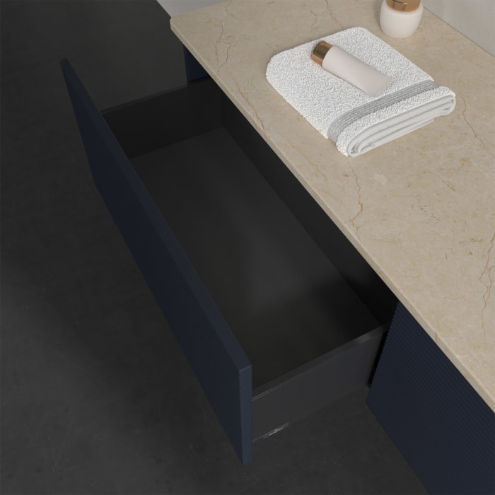 Villeroy & Boch Antao Waschbeckenunterschrank, 160 x 36 cm, 2 Auszüge mit LED-Licht, Front mit Struktur, ohne Hahnloch, für Waschtisch rechts