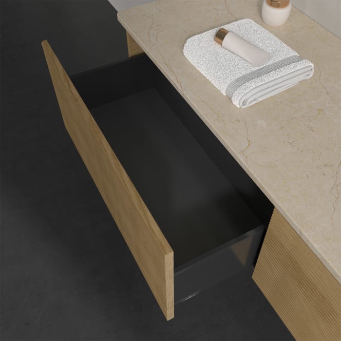 Villeroy & Boch Antao Waschbeckenunterschrank, 160 x 36 cm, 2 Auszüge mit LED-Licht, Front mit Struktur, ohne Hahnloch, für Waschtisch rechts