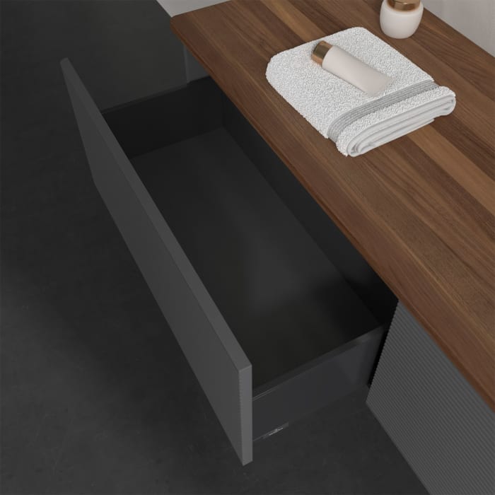 Villeroy & Boch Antao Waschbeckenunterschrank, 160 x 36 cm, 2 Auszüge mit LED-Licht, Front mit Struktur, mit Hahnloch, für Waschtisch rechts