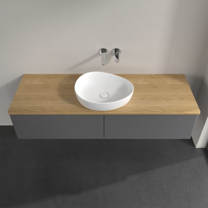 Villeroy & Boch Antao Waschbeckenunterschrank, 160 x 36 cm, 2 Auszüge mit LED-Licht, Front mit Struktur, ohne Hahnloch, für Waschtisch mittig