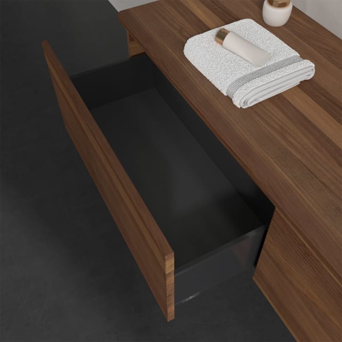 Villeroy & Boch Antao Waschbeckenunterschrank, 160 x 36 cm, 2 Auszüge mit LED-Licht, Front mit Struktur, mit Hahnloch, für Waschtisch rechts