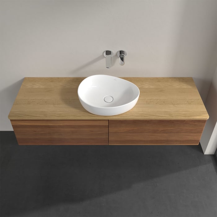 Villeroy & Boch Antao Waschbeckenunterschrank, 160 x 36 cm, 2 Auszüge mit LED-Licht, Front mit Struktur, ohne Hahnloch, für Waschtisch mittig