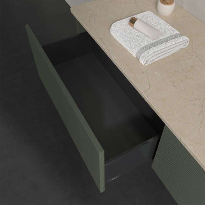 Villeroy & Boch Antao Waschbeckenunterschrank, 160 x 36 cm, 2 Auszüge mit LED-Licht, Front mit Struktur, mit Hahnloch, für Waschtisch rechts