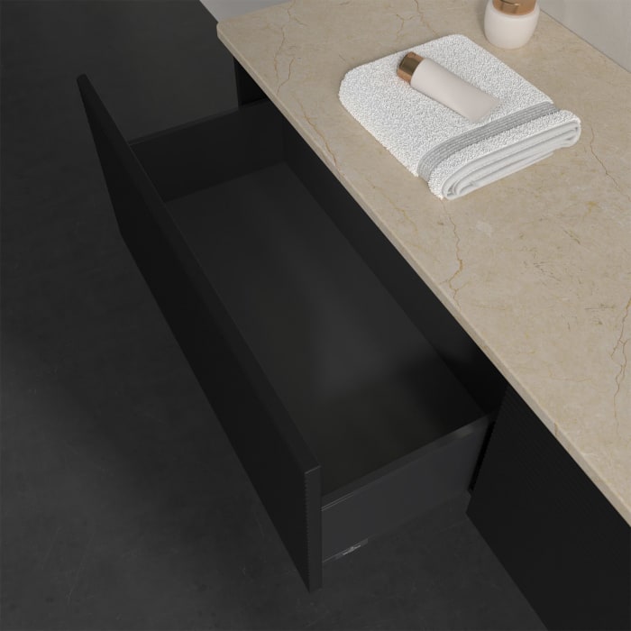 Villeroy & Boch Antao Waschbeckenunterschrank, 160 x 36 cm, 2 Auszüge mit LED-Licht, Front mit Struktur, mit Hahnloch, für Waschtisch rechts