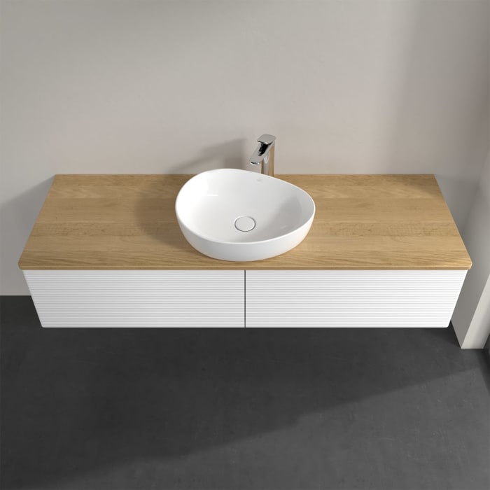 Villeroy & Boch Antao Waschbeckenunterschrank, 160 x 36 cm, 2 Auszüge mit LED-Licht, Front mit Struktur, mit Hahnloch, für Waschtisch mittig