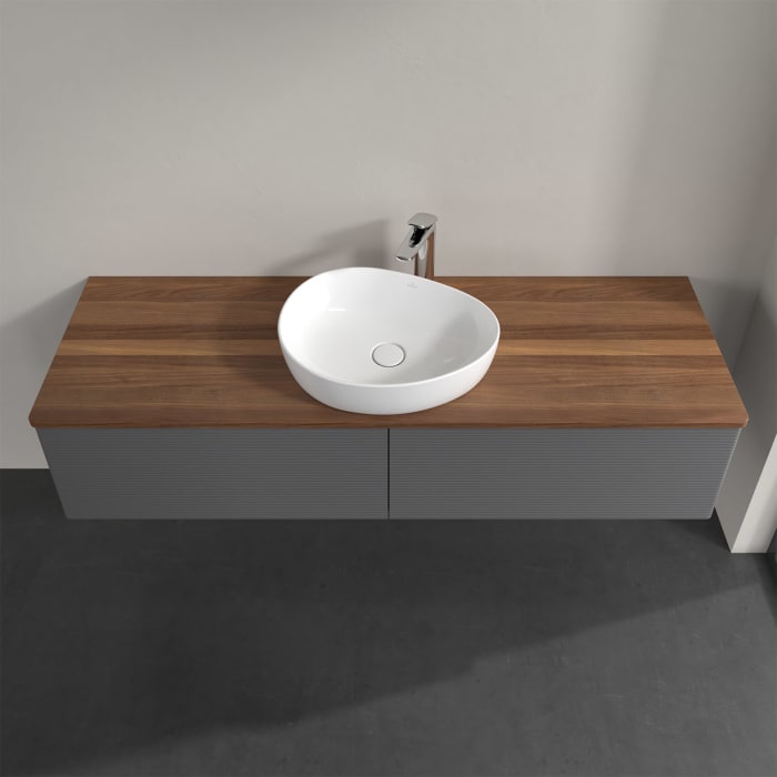 Villeroy & Boch Antao Waschbeckenunterschrank, 160 x 36 cm, 2 Auszüge mit LED-Licht, Front mit Struktur, mit Hahnloch, für Waschtisch mittig