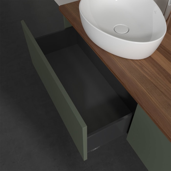 Villeroy & Boch Antao Waschbeckenunterschrank, 160 x 36 cm, 2 Auszüge mit LED-Licht, Front ohne Struktur, mit Hahnloch, für Waschtisch links und recht