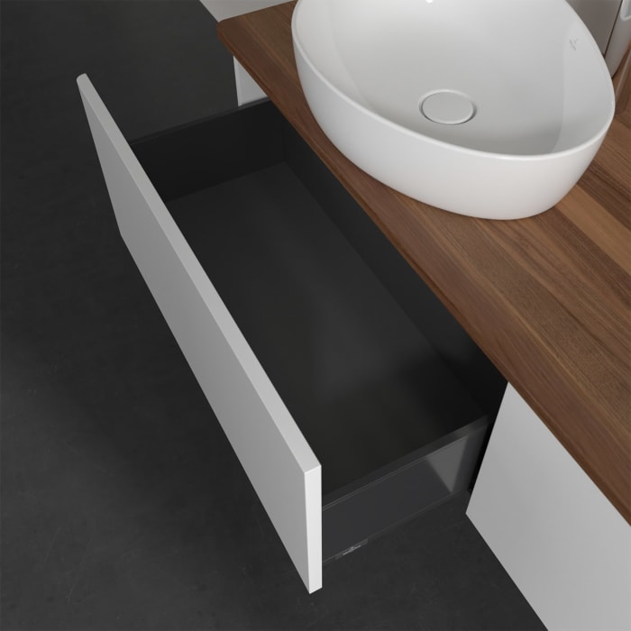 Villeroy & Boch Antao Waschbeckenunterschrank, 160 x 36 cm, 2 Auszüge mit LED-Licht, Front ohne Struktur, mit Hahnloch, für Waschtisch links und recht