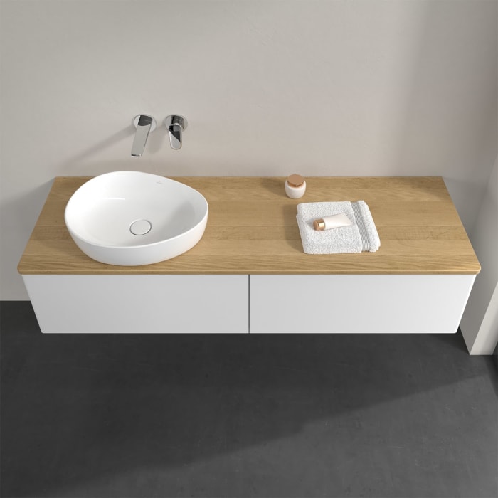 Villeroy & Boch Antao Waschbeckenunterschrank, 160 x 36 cm, 2 Auszüge mit LED-Licht, Front ohne Struktur, ohne Hahnloch, für Waschtisch links