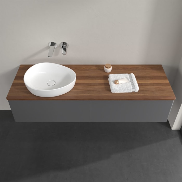 Villeroy & Boch Antao Waschbeckenunterschrank, 160 x 36 cm, 2 Auszüge mit LED-Licht, Front ohne Struktur, ohne Hahnloch, für Waschtisch links