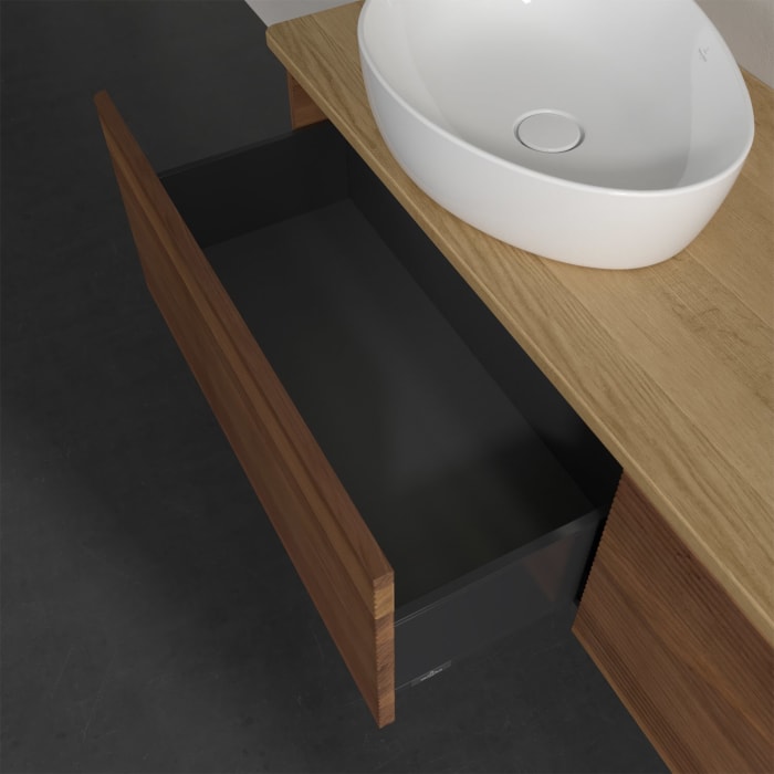 Villeroy & Boch Antao Waschbeckenunterschrank, 160 x 36 cm, 2 Auszüge mit LED-Licht, Front mit Struktur, ohne Hahnloch, für Waschtisch links und recht