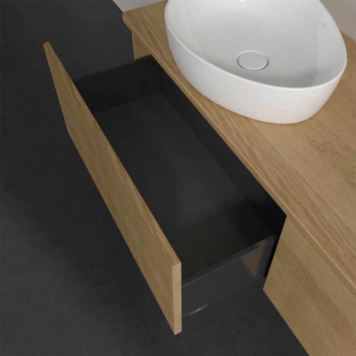 Villeroy & Boch Antao Waschbeckenunterschrank, 160 x 36 cm, 2 Auszüge mit LED-Licht, Front mit Struktur, ohne Hahnloch, für Waschtisch links und recht