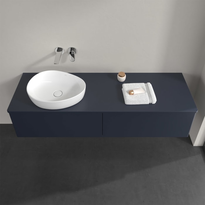 Villeroy & Boch Antao Waschbeckenunterschrank, 160 x 36 cm, 2 Auszüge mit LED-Licht, Front ohne Struktur, mit Hahnloch, für Waschtisch links