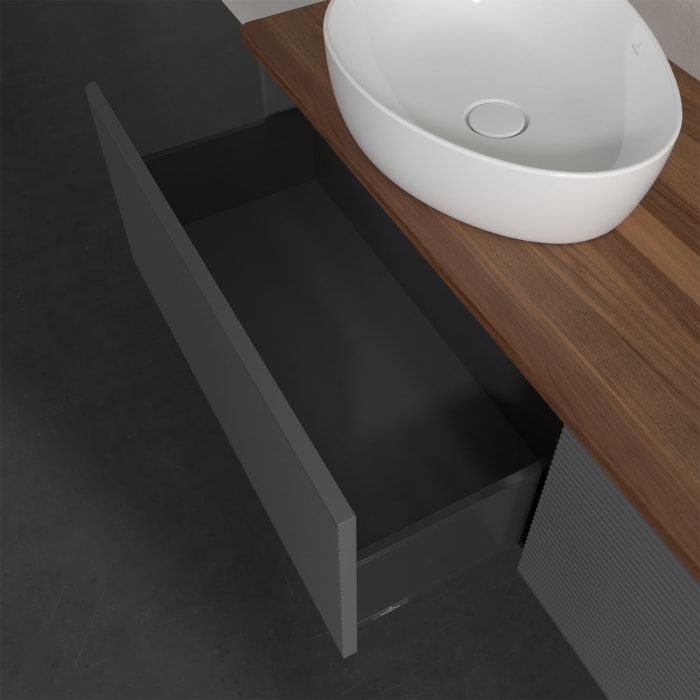 Villeroy & Boch Antao Waschbeckenunterschrank, 160 x 36 cm, 2 Auszüge mit LED-Licht, Front mit Struktur, ohne Hahnloch, für Waschtisch links und recht