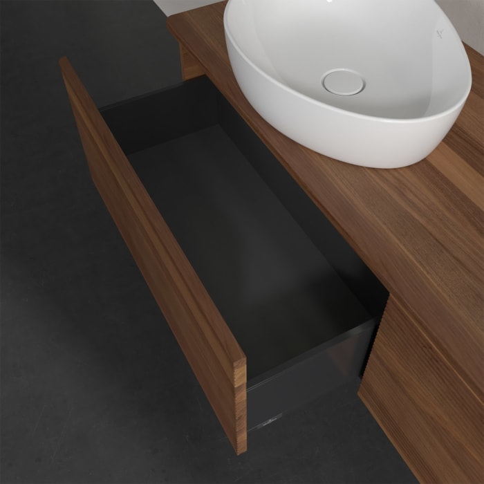 Villeroy & Boch Antao Waschbeckenunterschrank, 160 x 36 cm, 2 Auszüge mit LED-Licht, Front mit Struktur, ohne Hahnloch, für Waschtisch links und recht