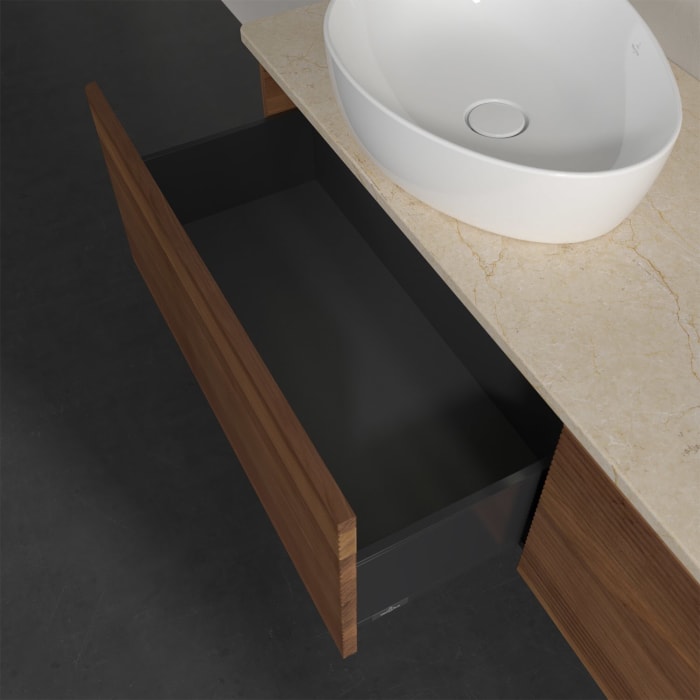 Villeroy & Boch Antao Waschbeckenunterschrank, 160 x 36 cm, 2 Auszüge mit LED-Licht, Front mit Struktur, ohne Hahnloch, für Waschtisch links und recht