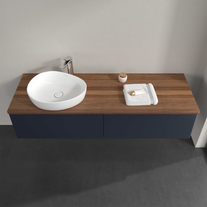 Villeroy & Boch Antao Waschbeckenunterschrank, 160 x 36 cm, 2 Auszüge mit LED-Licht, Front ohne Struktur, mit Hahnloch, für Waschtisch links