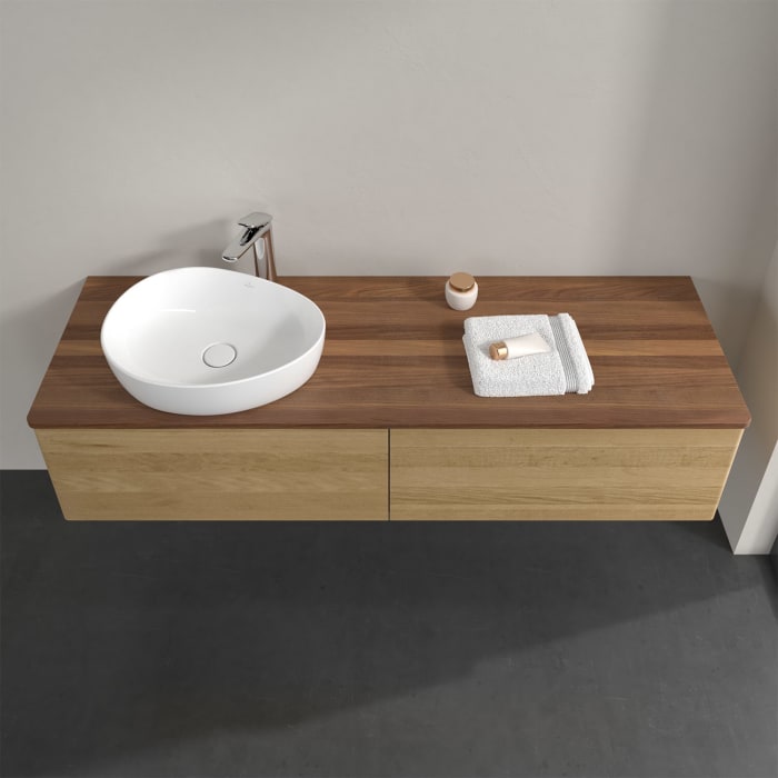 Villeroy & Boch Antao Waschbeckenunterschrank, 160 x 36 cm, 2 Auszüge mit LED-Licht, Front ohne Struktur, mit Hahnloch, für Waschtisch links