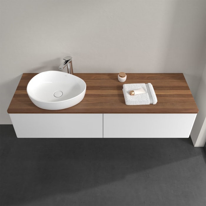 Villeroy & Boch Antao Waschbeckenunterschrank, 160 x 36 cm, 2 Auszüge mit LED-Licht, Front ohne Struktur, mit Hahnloch, für Waschtisch links