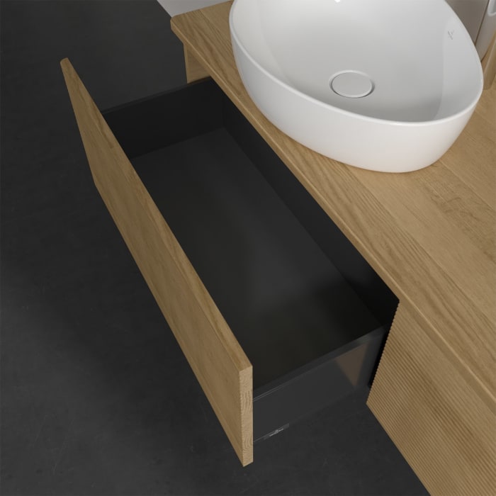 Villeroy & Boch Antao Waschbeckenunterschrank, 160 x 36 cm, 2 Auszüge mit LED-Licht, Front mit Struktur, mit Hahnloch, für Waschtisch links und rechts