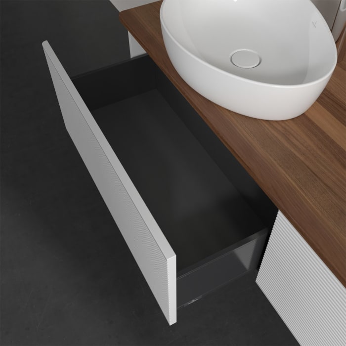 Villeroy & Boch Antao Waschbeckenunterschrank, 160 x 36 cm, 2 Auszüge mit LED-Licht, Front mit Struktur, mit Hahnloch, für Waschtisch links und rechts