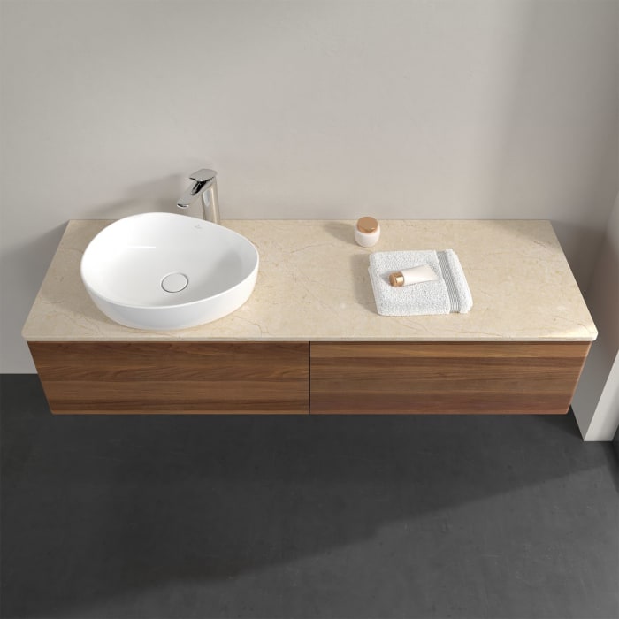 Villeroy & Boch Antao Waschbeckenunterschrank, 160 x 36 cm, 2 Auszüge mit LED-Licht, Front ohne Struktur, mit Hahnloch, für Waschtisch links