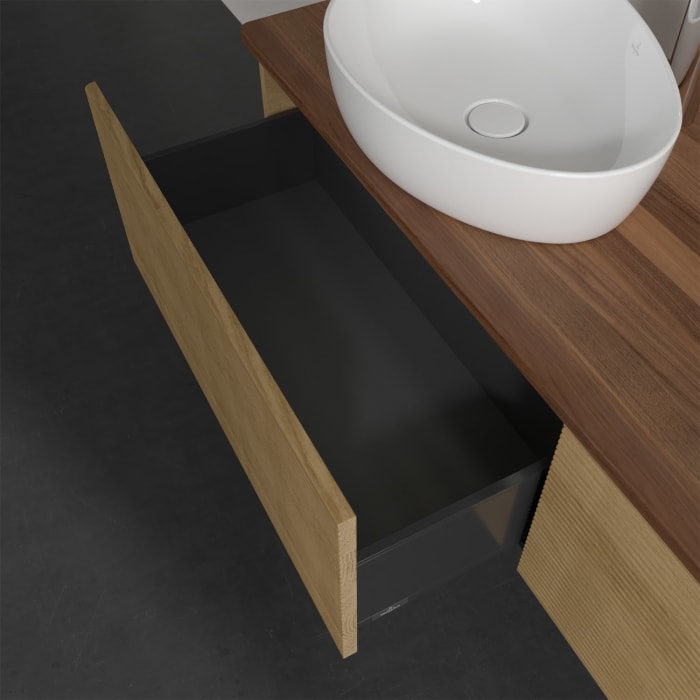 Villeroy & Boch Antao Waschbeckenunterschrank, 160 x 36 cm, 2 Auszüge mit LED-Licht, Front mit Struktur, mit Hahnloch, für Waschtisch links und rechts