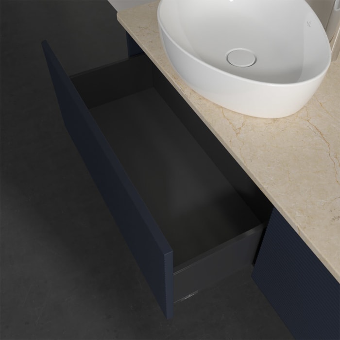 Villeroy & Boch Antao Waschbeckenunterschrank, 160 x 36 cm, 2 Auszüge mit LED-Licht, Front mit Struktur, mit Hahnloch, für Waschtisch links und rechts