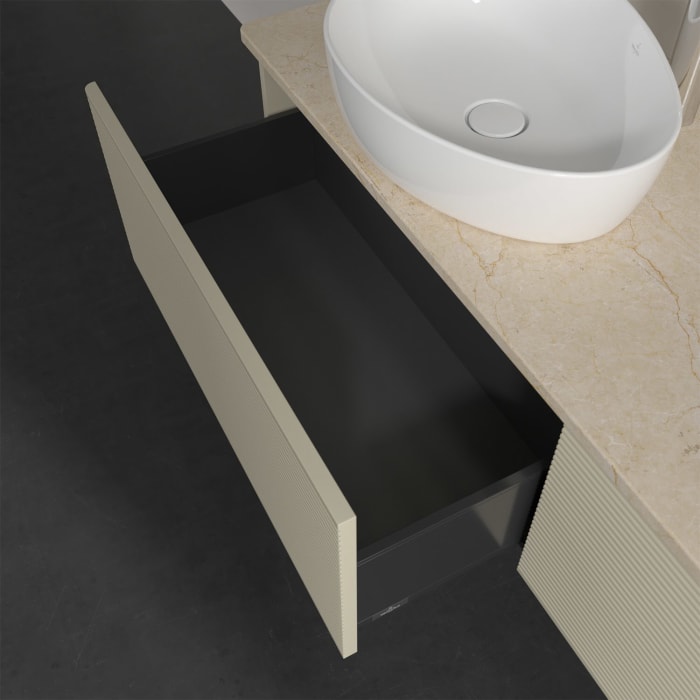 Villeroy & Boch Antao Waschbeckenunterschrank, 160 x 36 cm, 2 Auszüge mit LED-Licht, Front mit Struktur, mit Hahnloch, für Waschtisch links und rechts