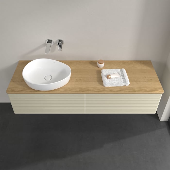 Villeroy & Boch Antao Waschbeckenunterschrank, 160 x 36 cm, 2 Auszüge mit LED-Licht, Front mit Struktur, ohne Hahnloch, für Waschtisch links