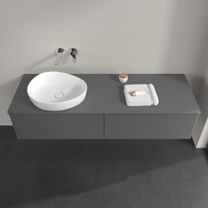 Villeroy & Boch Antao Waschbeckenunterschrank, 160 x 36 cm, 2 Auszüge mit LED-Licht, Front mit Struktur, mit Hahnloch, für Waschtisch links