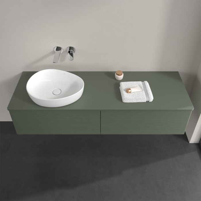 Villeroy & Boch Antao Waschbeckenunterschrank, 160 x 36 cm, 2 Auszüge mit LED-Licht, Front mit Struktur, mit Hahnloch, für Waschtisch links